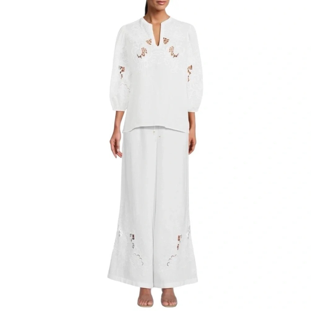 Johnny Was Jade White Linen Embroidered Tunic and Wide Leg Pant Set Womens Large